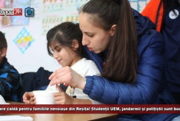 Mâncare caldă pentru familiile nevoiașe din Reșița! Studenții UEM, jandarmii și polițiștii sunt bucătarii