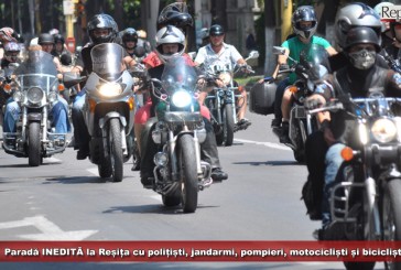 Paradă INEDITĂ la Reșița cu polițiști, jandarmi, pompieri, motocicliști și bicicliști, urmată de un spectacol cu foc!