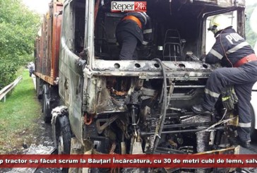 Un cap tractor s-a făcut scrum la Băuțar! Încărcătura cu 30 de metri cubi de lemn, salvată!