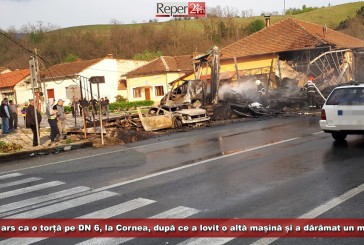 Un tir a ars ca o torță la Cornea, după ce a lovit un alt autovehicul și a dărâmat un magazin!