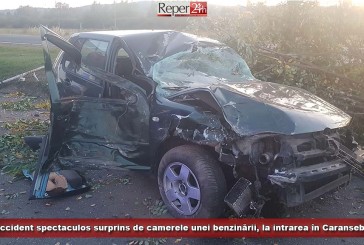 Accident spectaculos surprins de camerele unei benzinării, la intrarea în Caransebeș