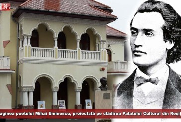 Imaginea poetului Mihai Eminescu, proiectată pe clădirea Palatului Cultural din Reșița!