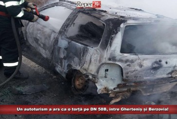 Un autoturism a ars ca o torță pe DN 58B, între Gherteniș și Berzovia!