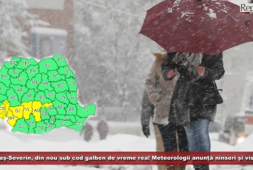Județul Caraș-Severin, din nou sub cod galben de vreme rea! Meteorologii anunță ninsori și viscol