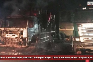 Incendiu la o societate de transport din Oțelu Roșu! Două camioane au fost cuprinse de flăcări